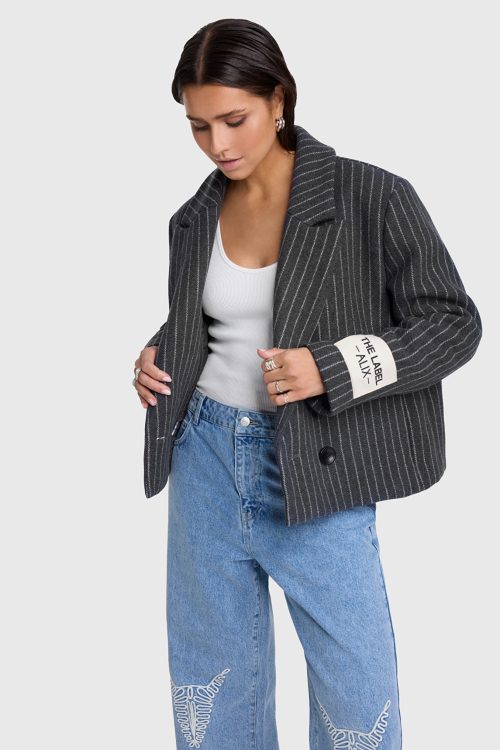 ALIX THE LABEL WOVEN PINSTRIPE CROPPED COAT