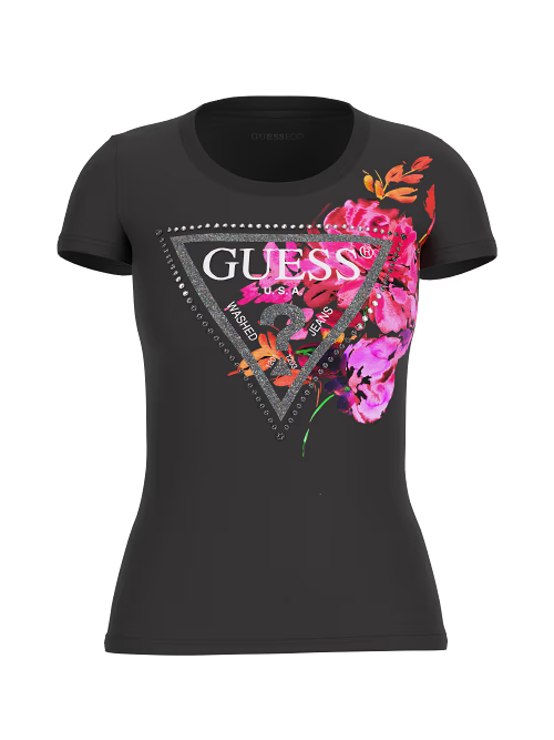 GUESS SS CN TRIANGLE PEONY TEE - BLACK