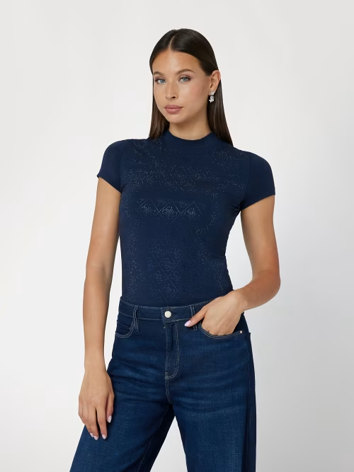 GUESS SS MOCK NECK ALL OVER 4G TEE - SUITING BLUE